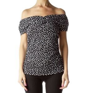 WHBM Off‑Shoulder Polka Dot Blouse Black & White Shirred Waist Small